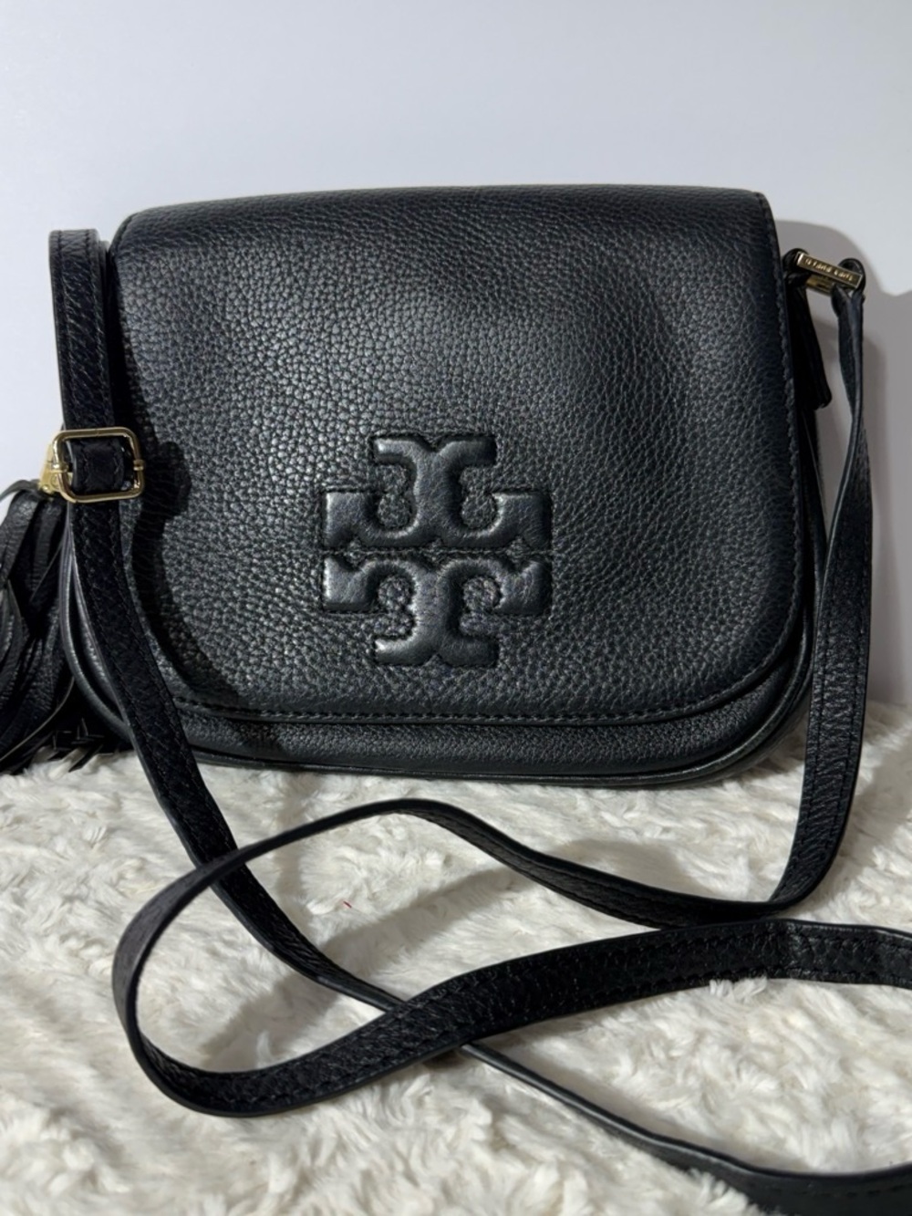 Tory Burch Black Pebbled Leather Crossbody with Logo